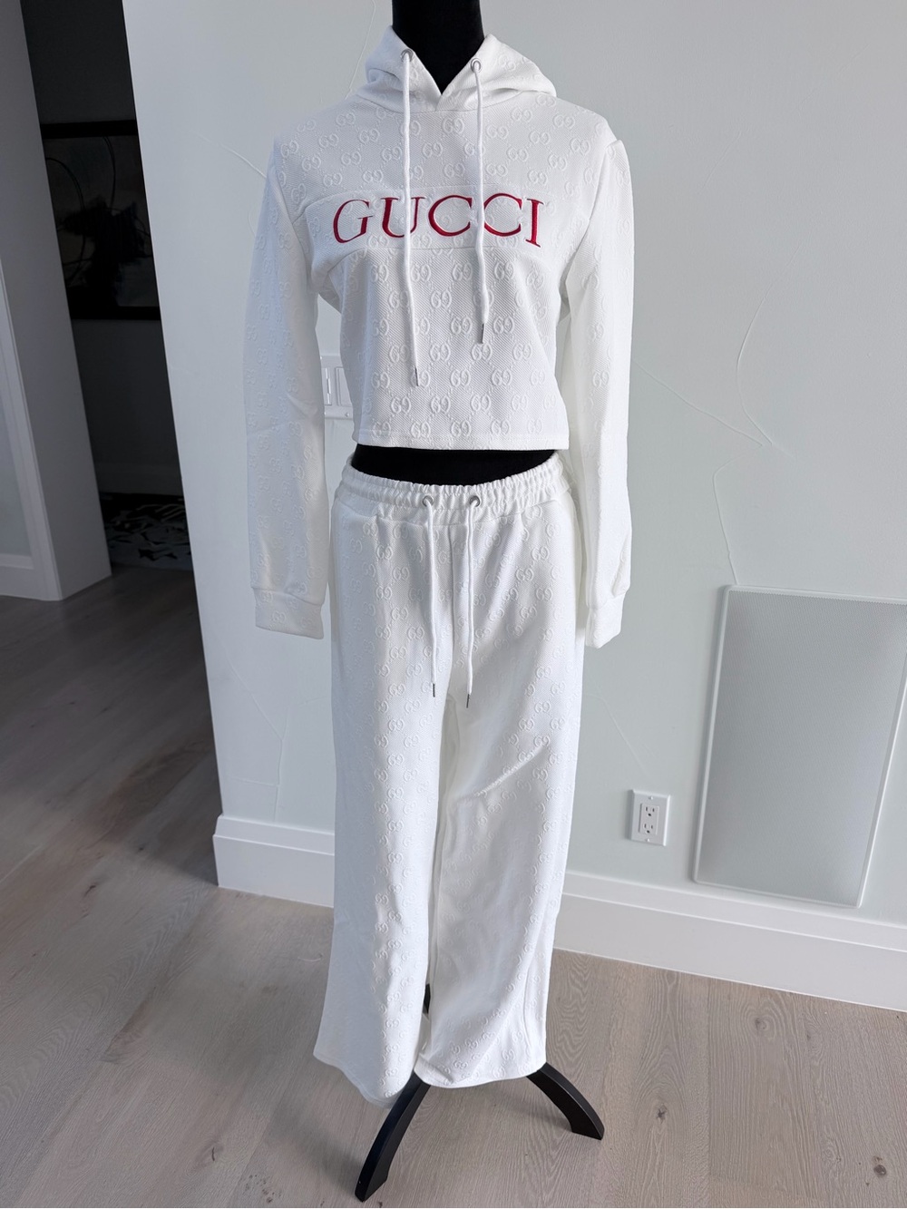 White GG Hooded Track Pants with pockets & Cropped Sweatshirt Set size M